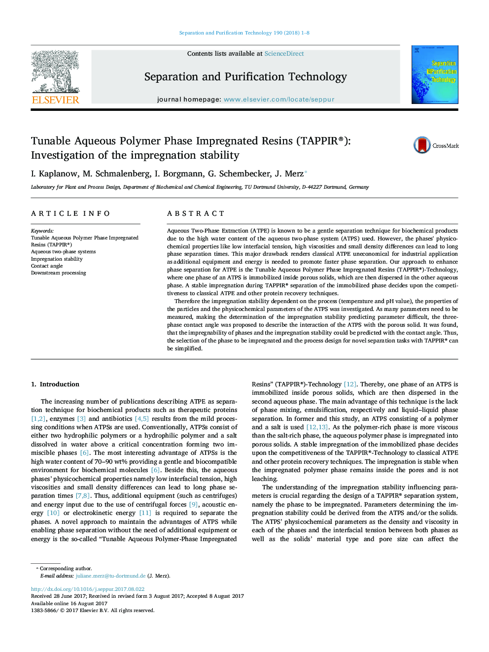 Tunable Aqueous Polymer Phase Impregnated Resins (TAPPIR®): Investigation of the impregnation stability