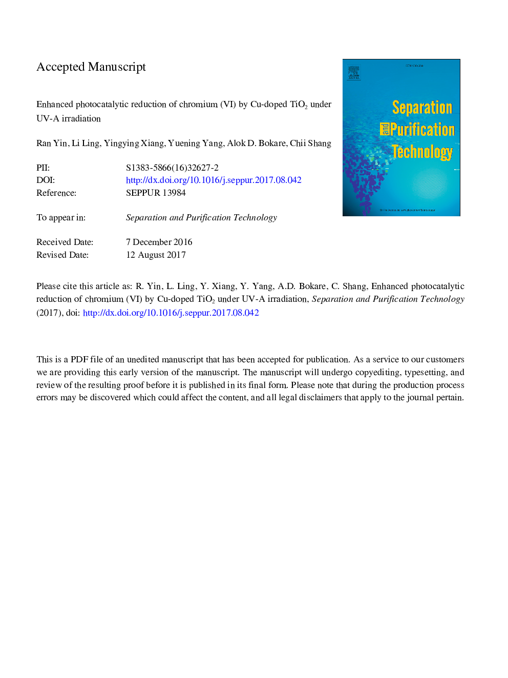 Enhanced photocatalytic reduction of chromium (VI) by Cu-doped TiO2 under UV-A irradiation