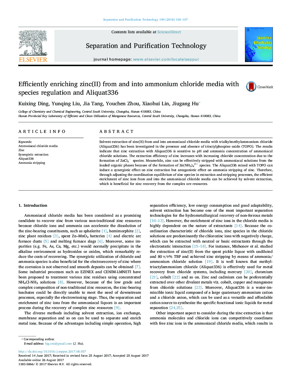 Efficiently enriching zinc(II) from and into ammonium chloride media with species regulation and Aliquat336