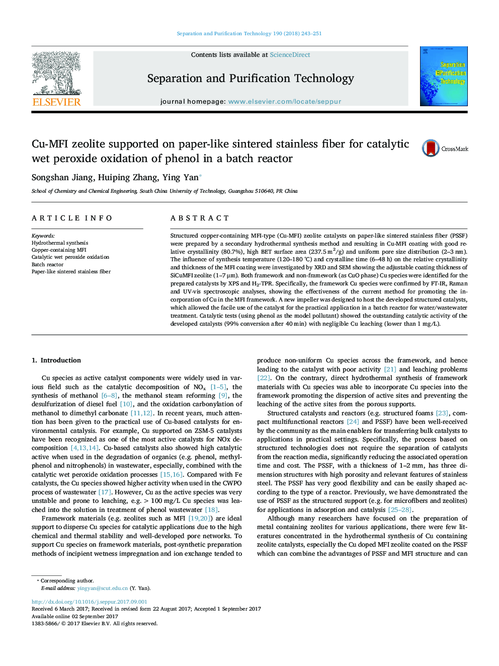 Cu-MFI zeolite supported on paper-like sintered stainless fiber for catalytic wet peroxide oxidation of phenol in a batch reactor