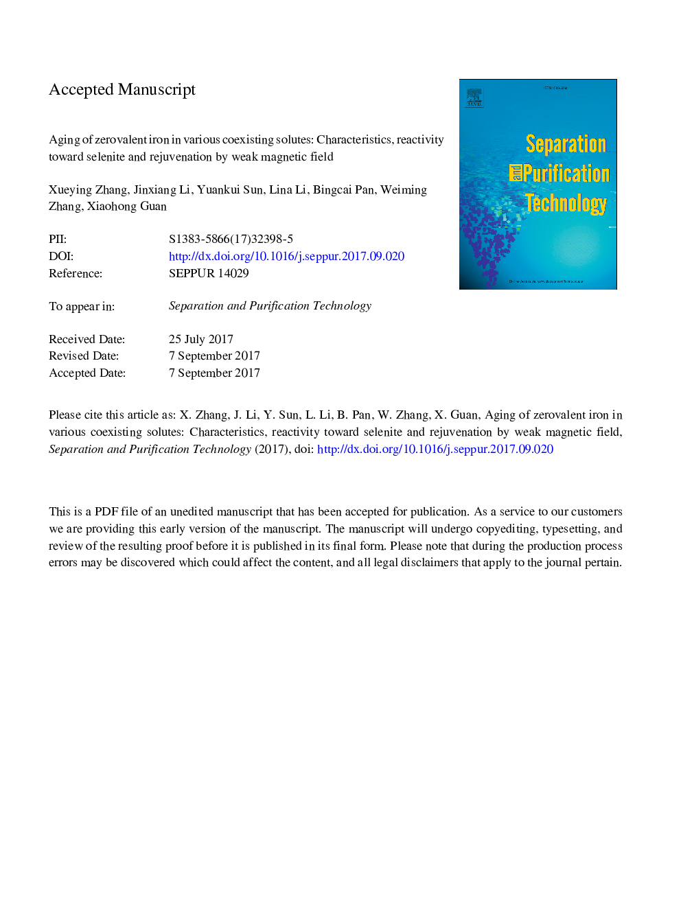 Aging of zerovalent iron in various coexisting solutes: Characteristics, reactivity toward selenite and rejuvenation by weak magnetic field