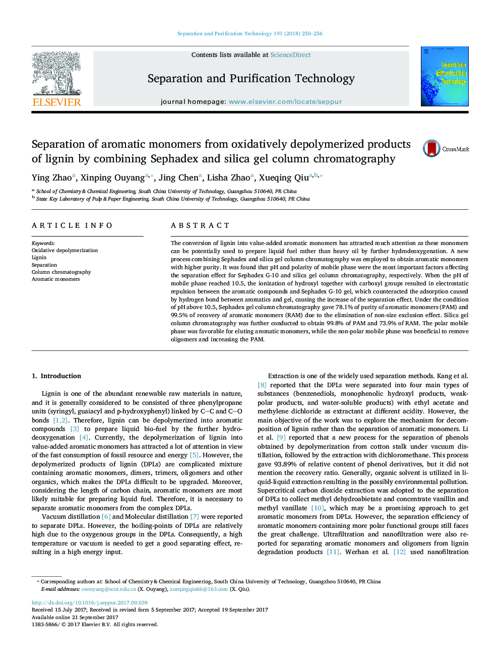 Separation of aromatic monomers from oxidatively depolymerized products of lignin by combining Sephadex and silica gel column chromatography