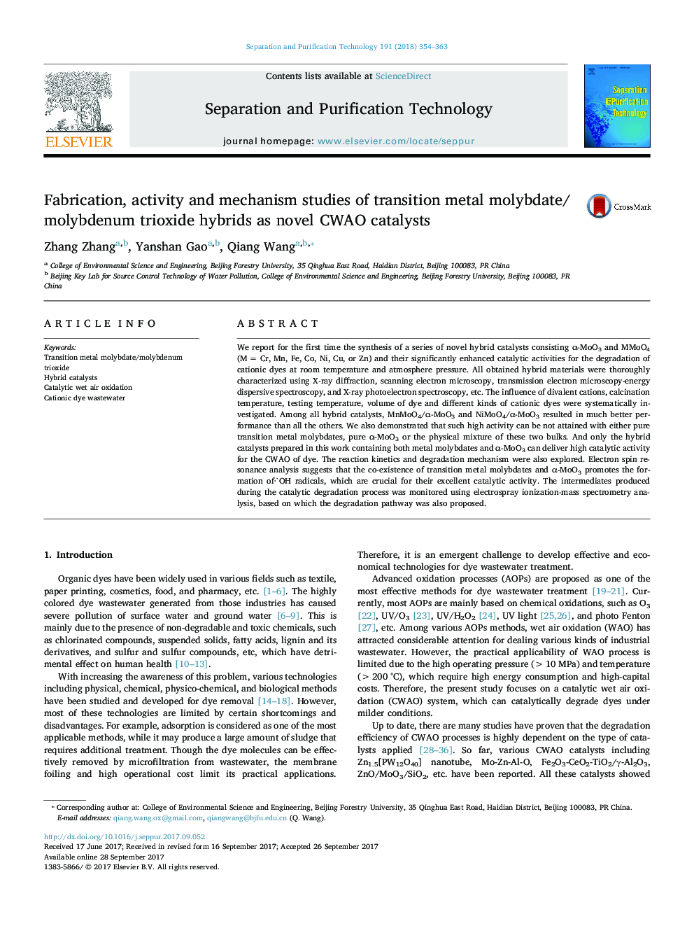 Fabrication, activity and mechanism studies of transition metal molybdate/molybdenum trioxide hybrids as novel CWAO catalysts