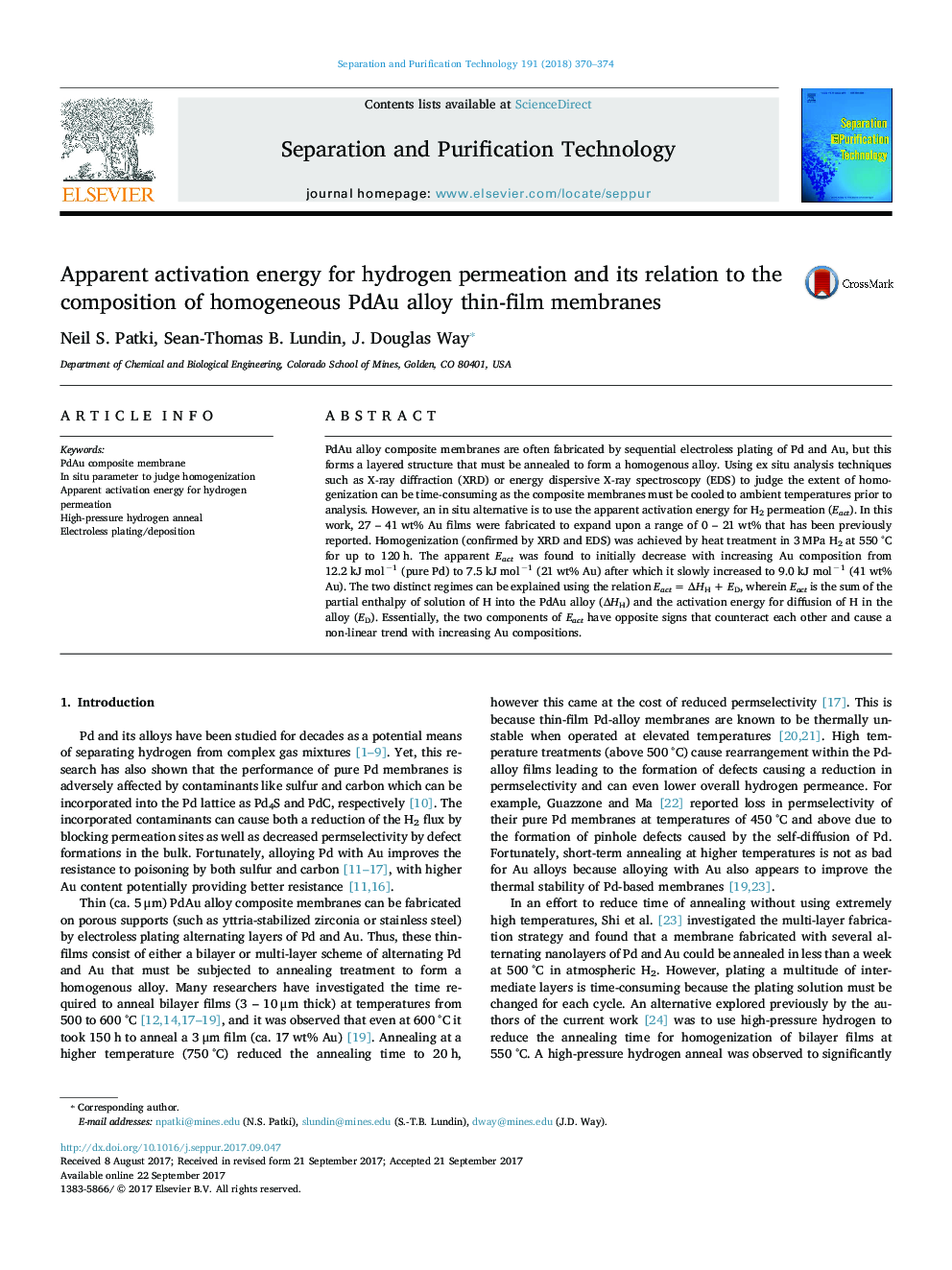 Apparent activation energy for hydrogen permeation and its relation to the composition of homogeneous PdAu alloy thin-film membranes