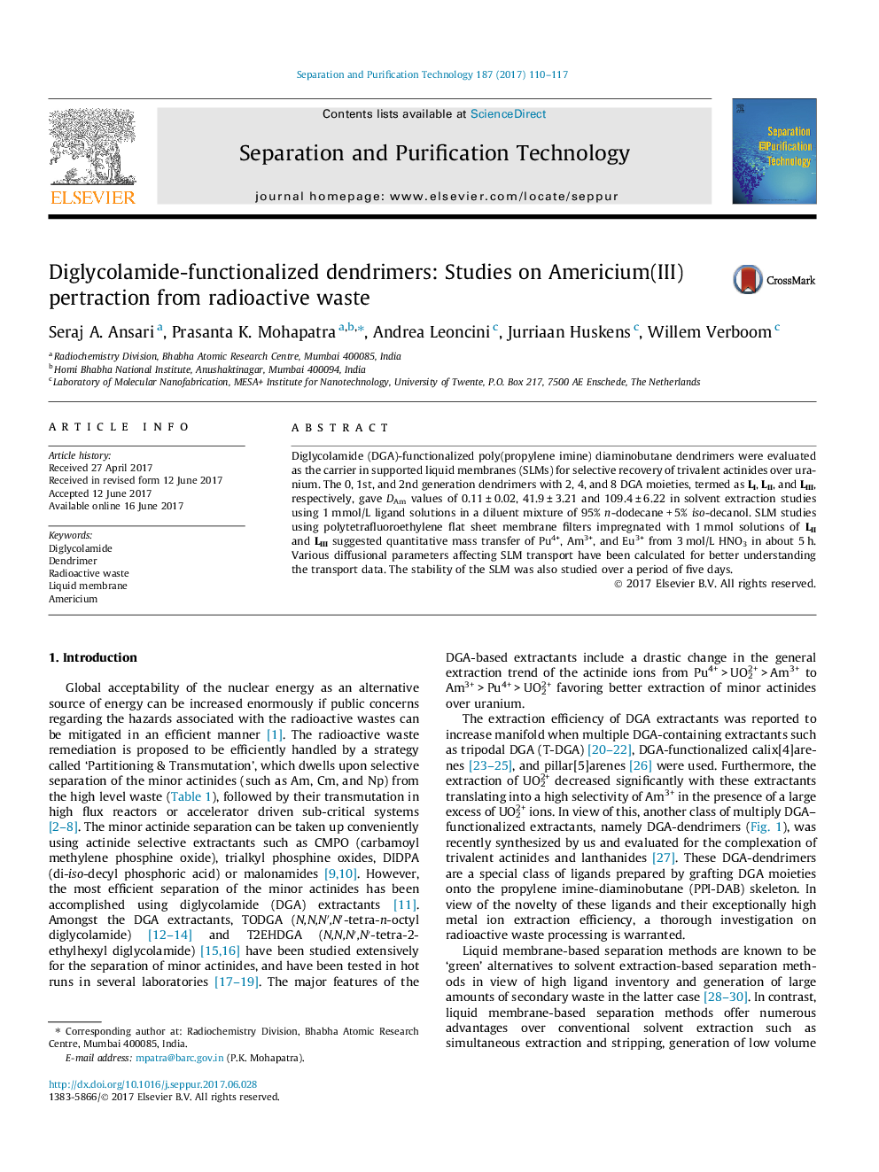 Diglycolamide-functionalized dendrimers: Studies on Americium(III) pertraction from radioactive waste