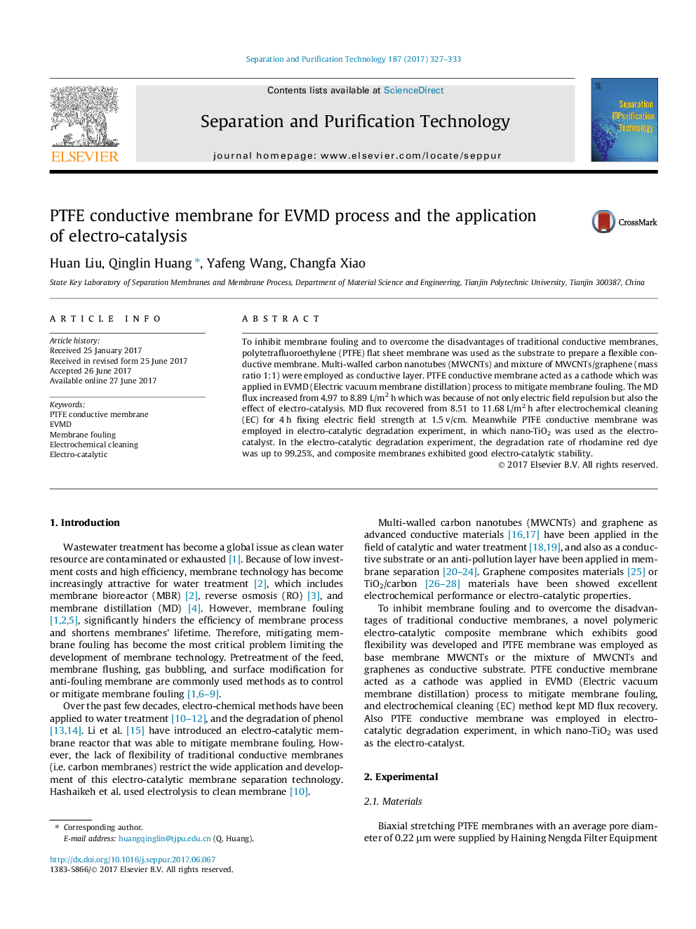 PTFE conductive membrane for EVMD process and the application of electro-catalysis