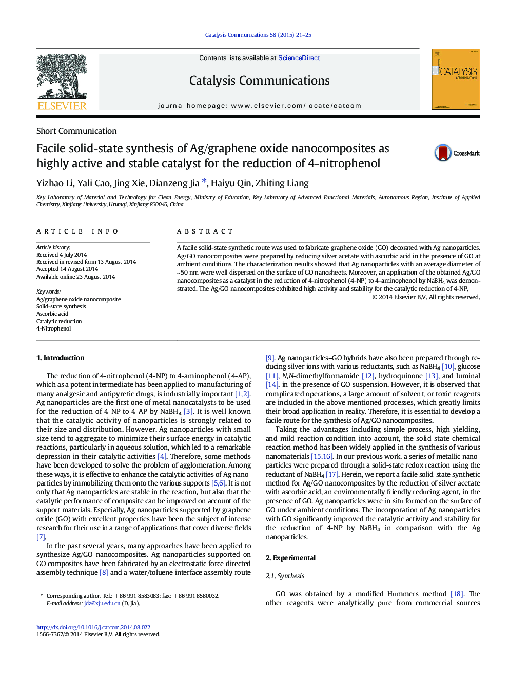 Facile solid-state synthesis of Ag/graphene oxide nanocomposites as highly active and stable catalyst for the reduction of 4-nitrophenol