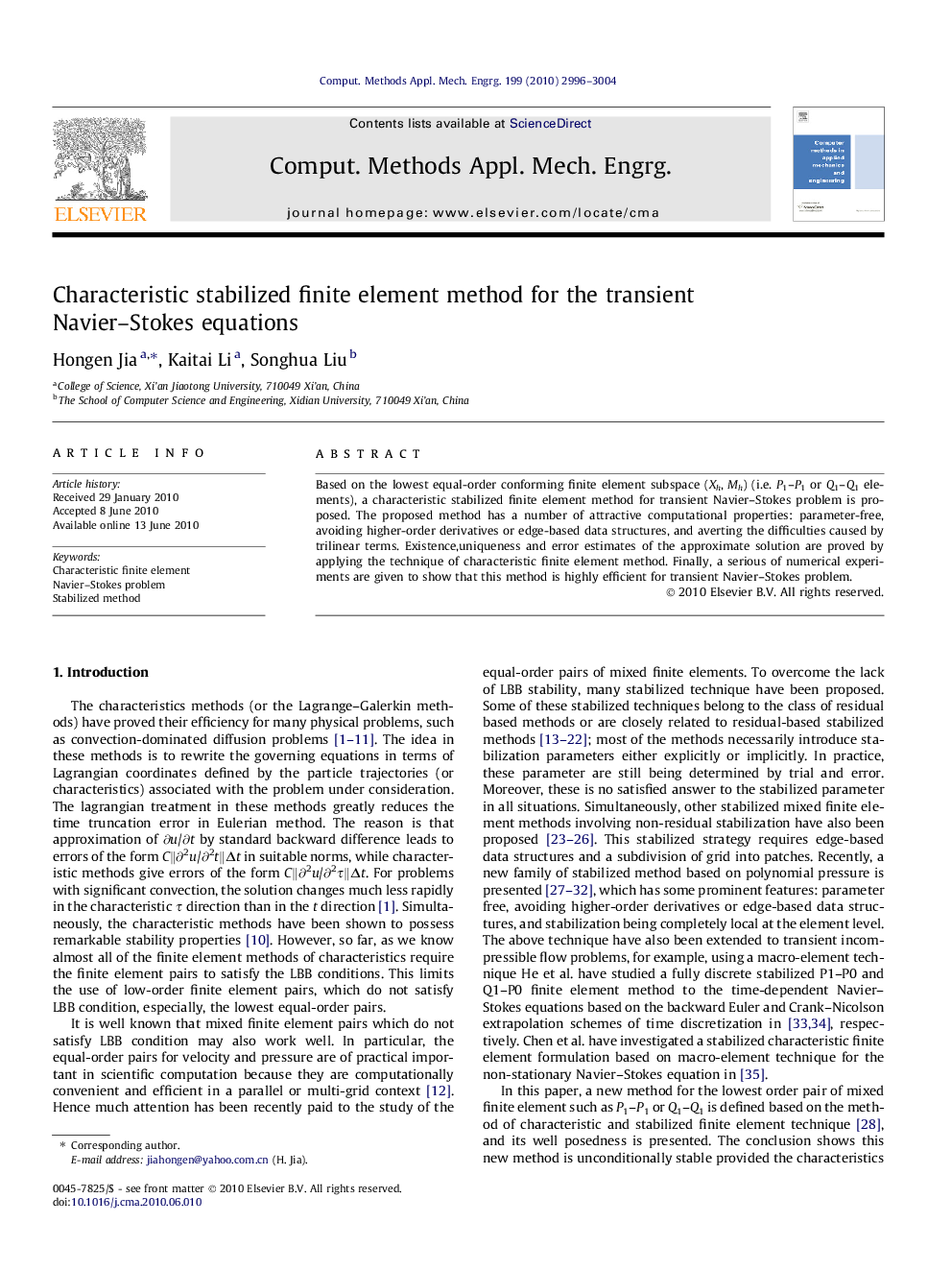 Characteristic stabilized finite element method for the transient Navier–Stokes equations