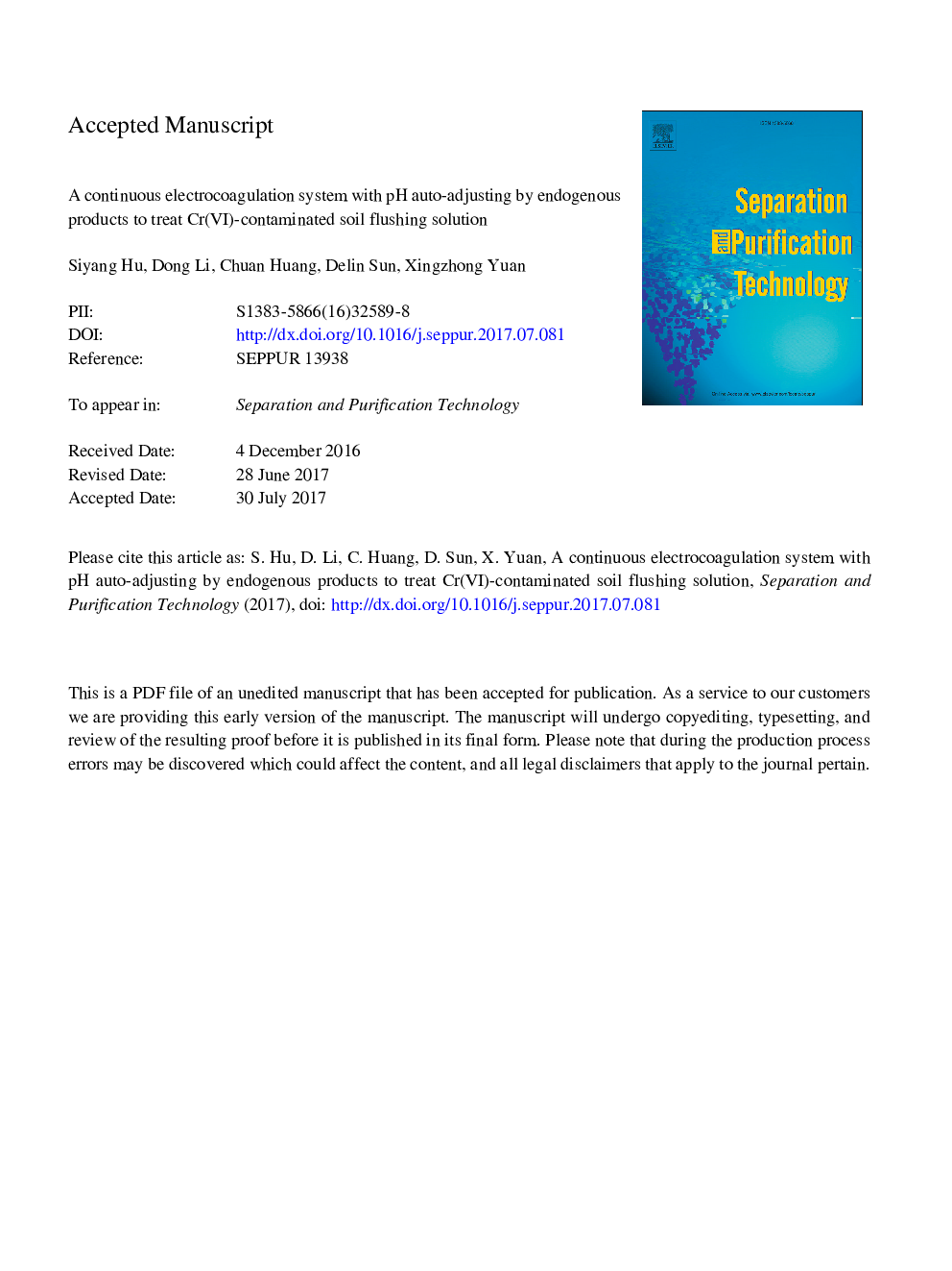 A continuous electrocoagulation system with pH auto-adjusting by endogenous products to treat Cr(VI)-contaminated soil flushing solution