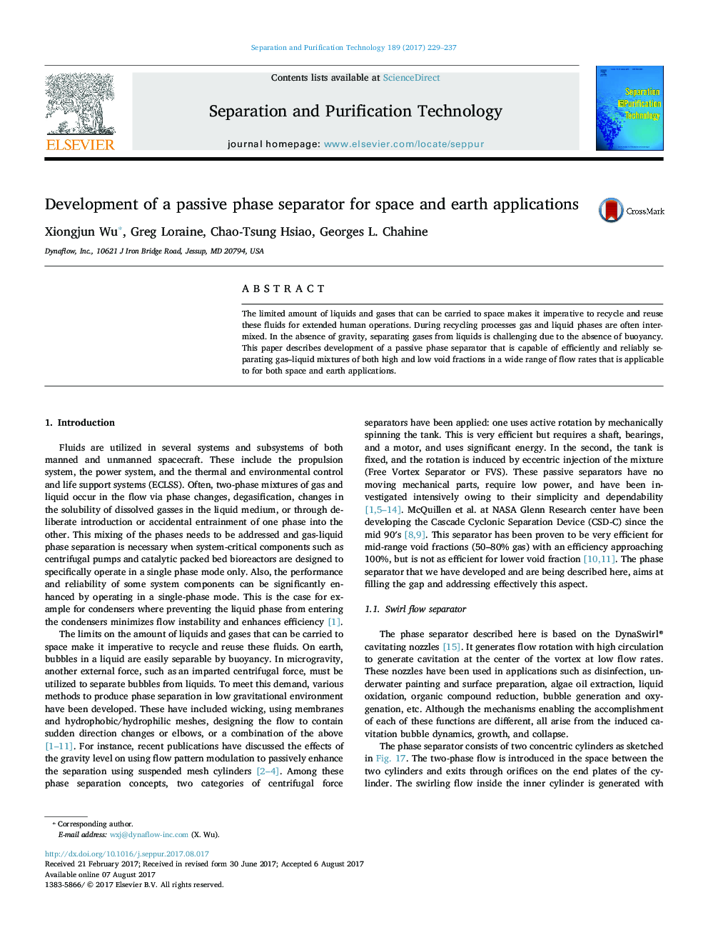 Development of a passive phase separator for space and earth applications