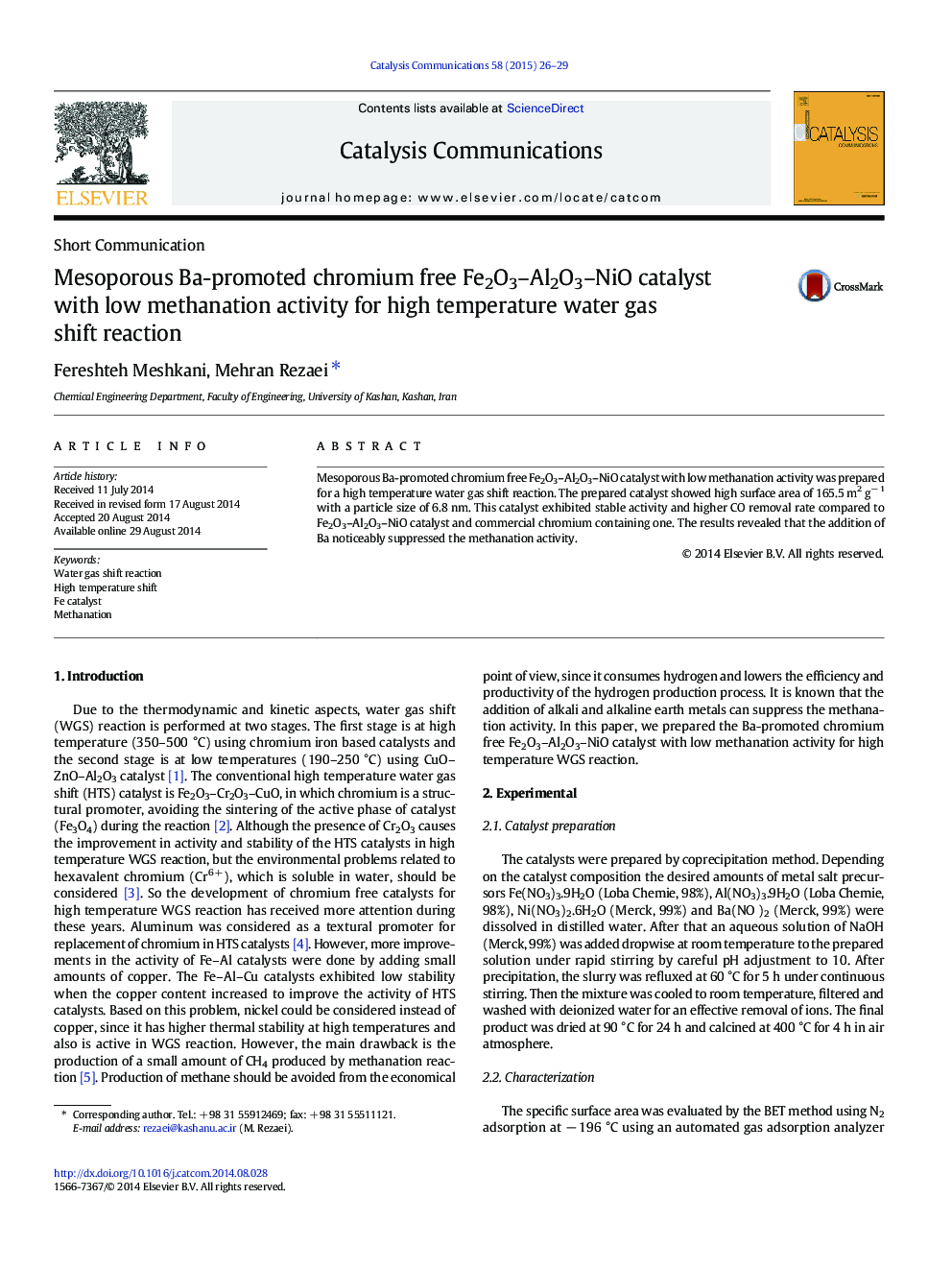 Mesoporous Ba-promoted chromium free Fe2O3–Al2O3–NiO catalyst with low methanation activity for high temperature water gas shift reaction