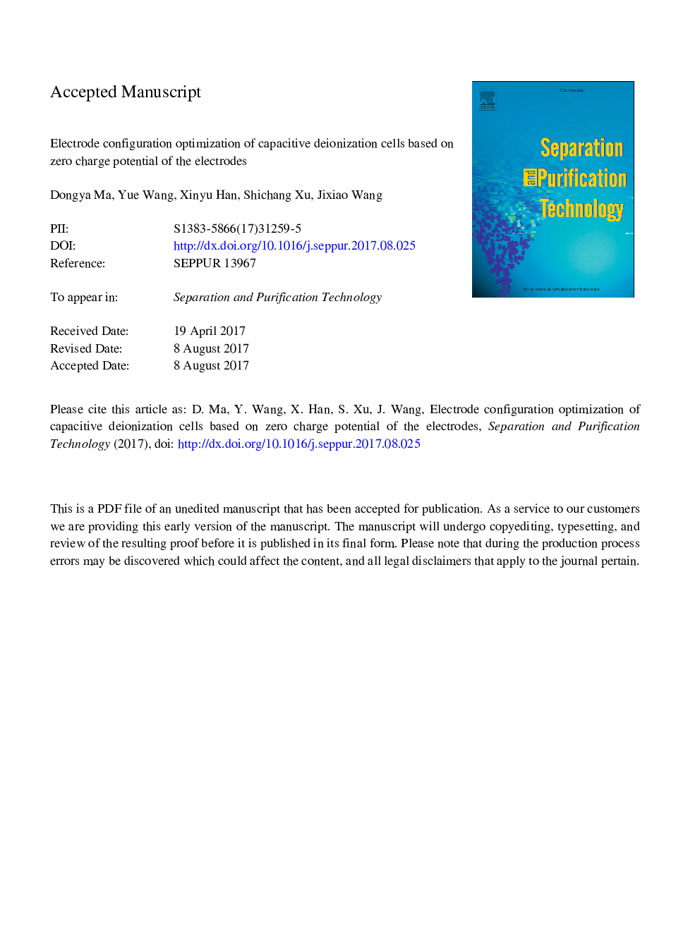 Electrode configuration optimization of capacitive deionization cells based on zero charge potential of the electrodes