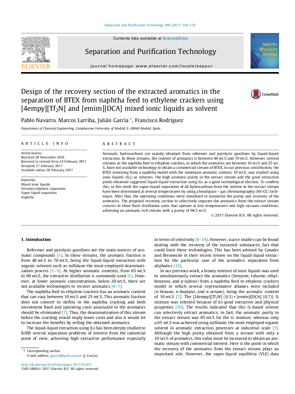 Design of the recovery section of the extracted aromatics in the separation of BTEX from naphtha feed to ethylene crackers using [4empy][Tf2N] and [emim][DCA] mixed ionic liquids as solvent