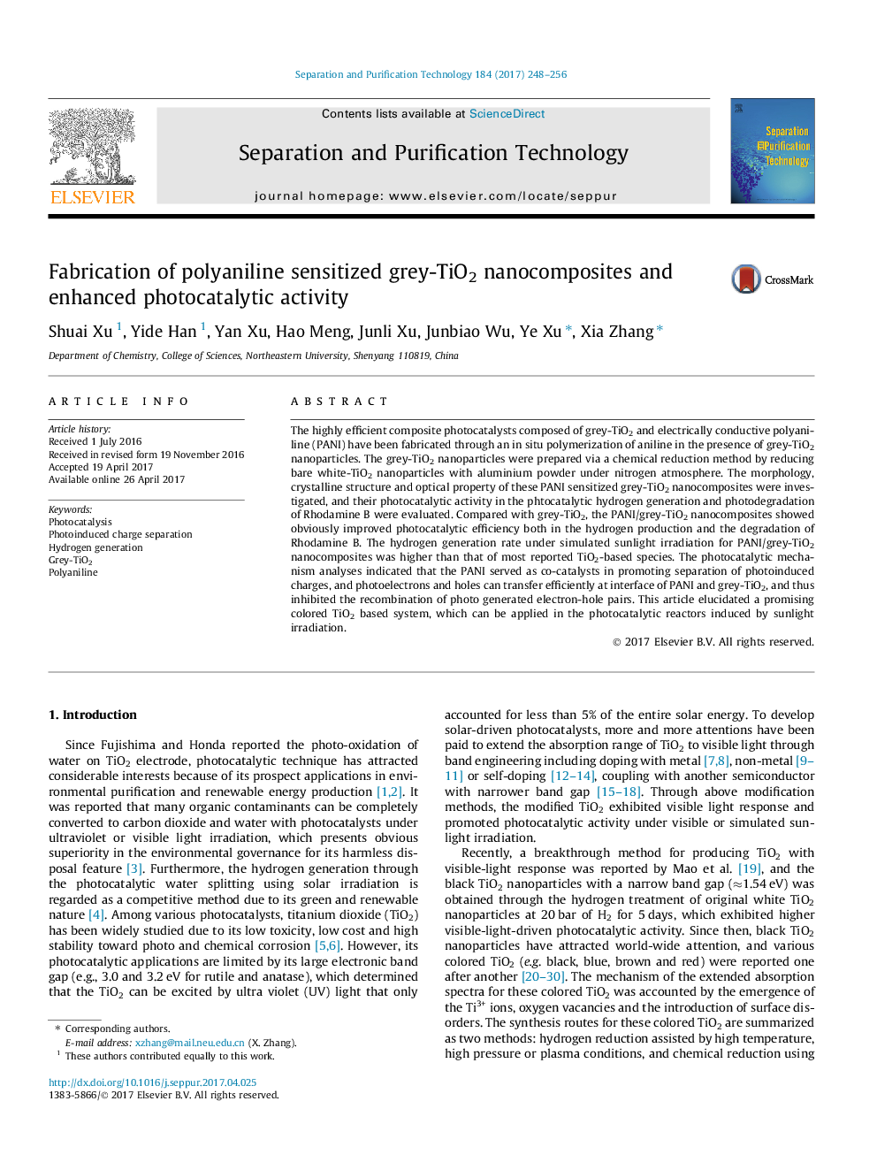 Fabrication of polyaniline sensitized grey-TiO2 nanocomposites and enhanced photocatalytic activity