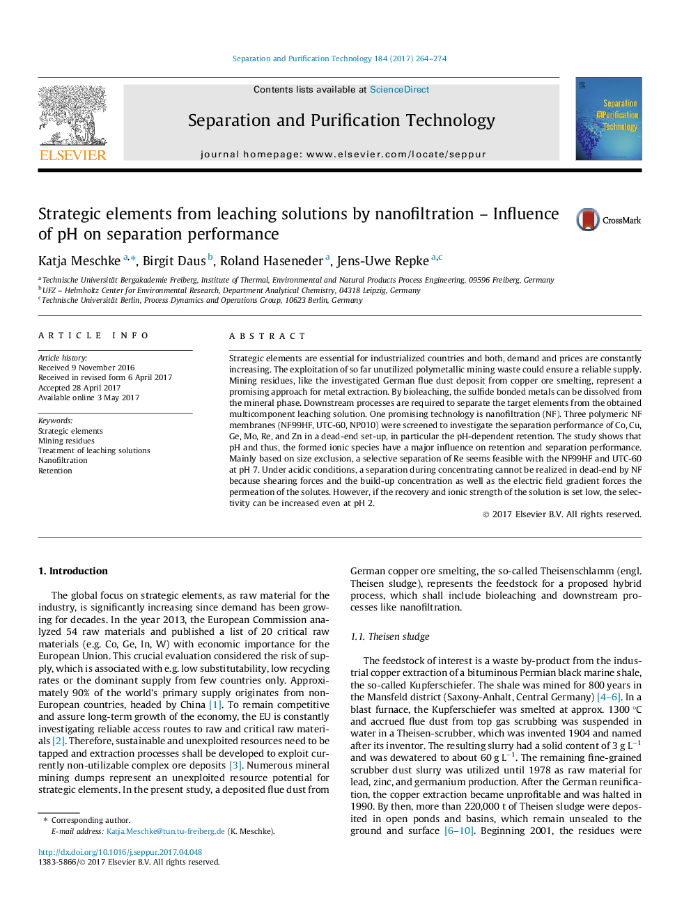 Strategic elements from leaching solutions by nanofiltration - Influence of pH on separation performance