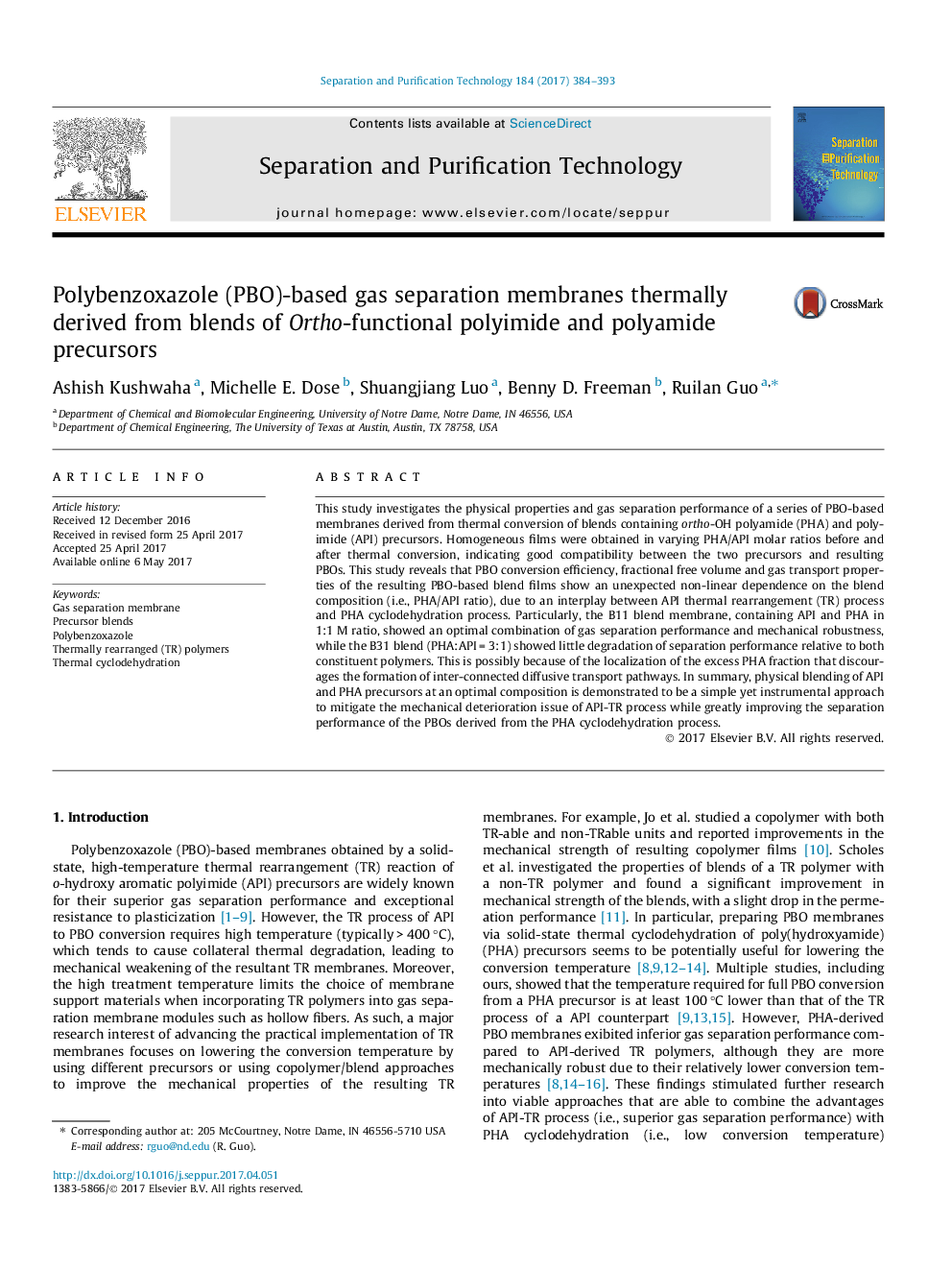 Polybenzoxazole (PBO)-based gas separation membranes thermally derived from blends of Ortho-functional polyimide and polyamide precursors