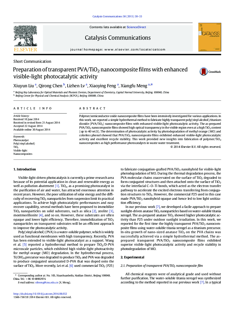 Preparation of transparent PVA/TiO2 nanocomposite films with enhanced visible-light photocatalytic activity