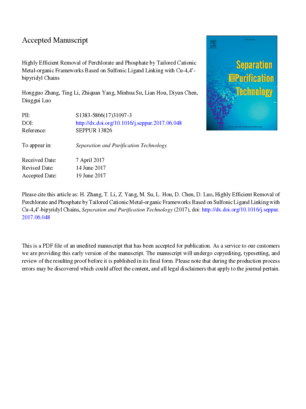 Highly efficient removal of perchlorate and phosphate by tailored cationic metal-organic frameworks based on sulfonic ligand linking with Cu-4,4â²-bipyridyl chains