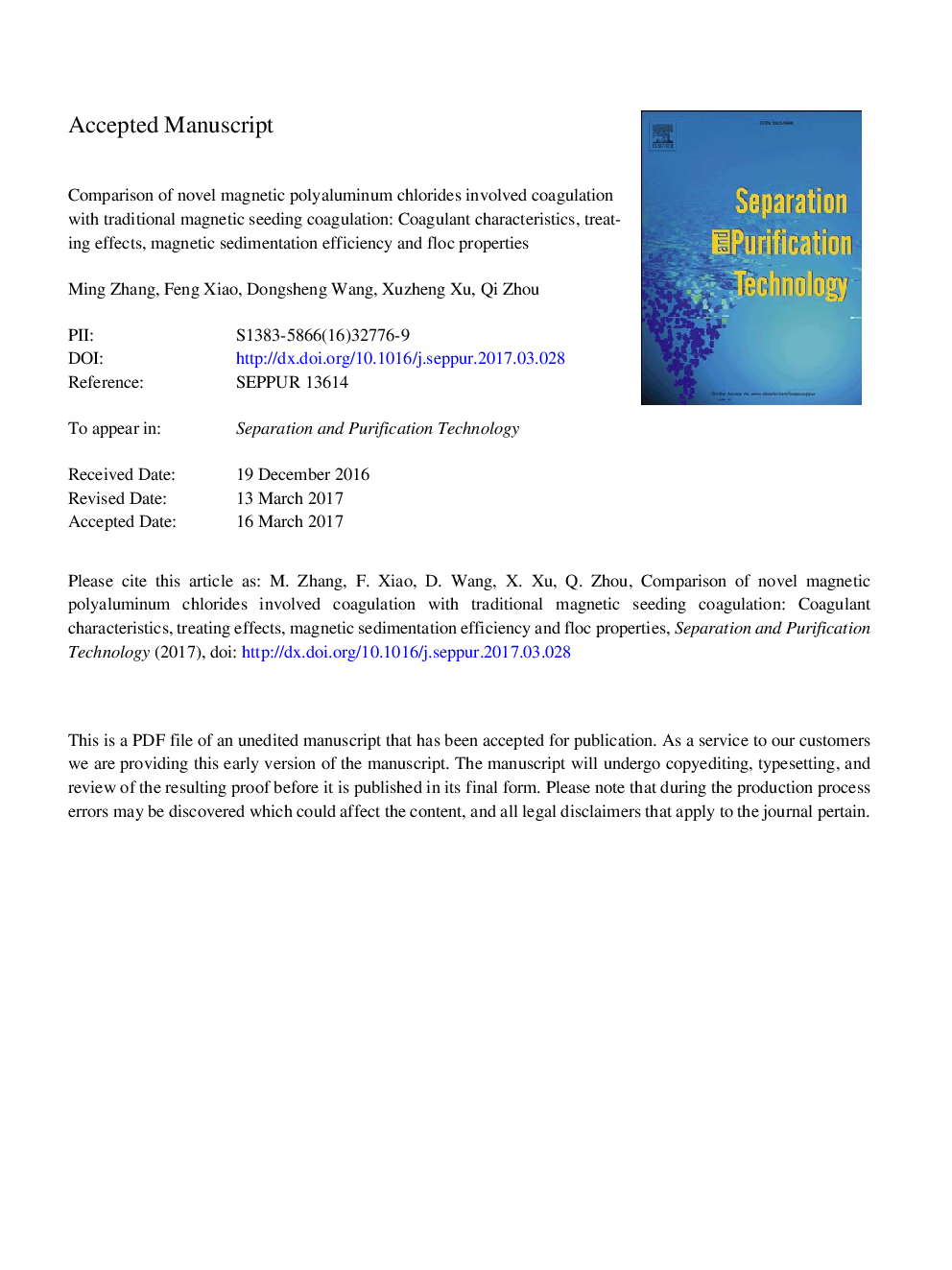 Comparison of novel magnetic polyaluminum chlorides involved coagulation with traditional magnetic seeding coagulation: Coagulant characteristics, treating effects, magnetic sedimentation efficiency and floc properties