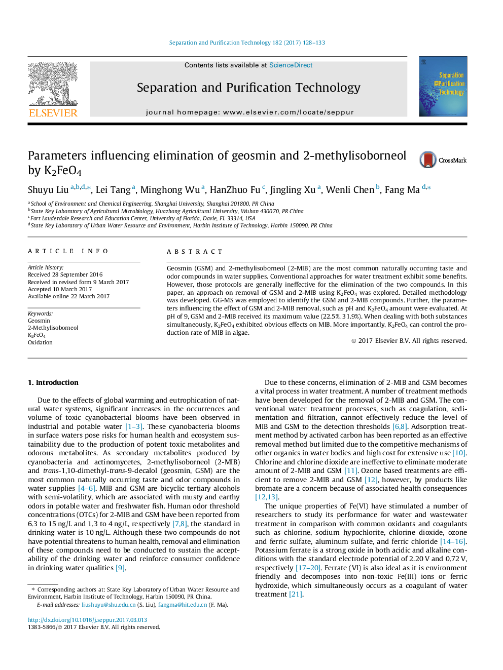 Parameters influencing elimination of geosmin and 2-methylisoborneol by K2FeO4