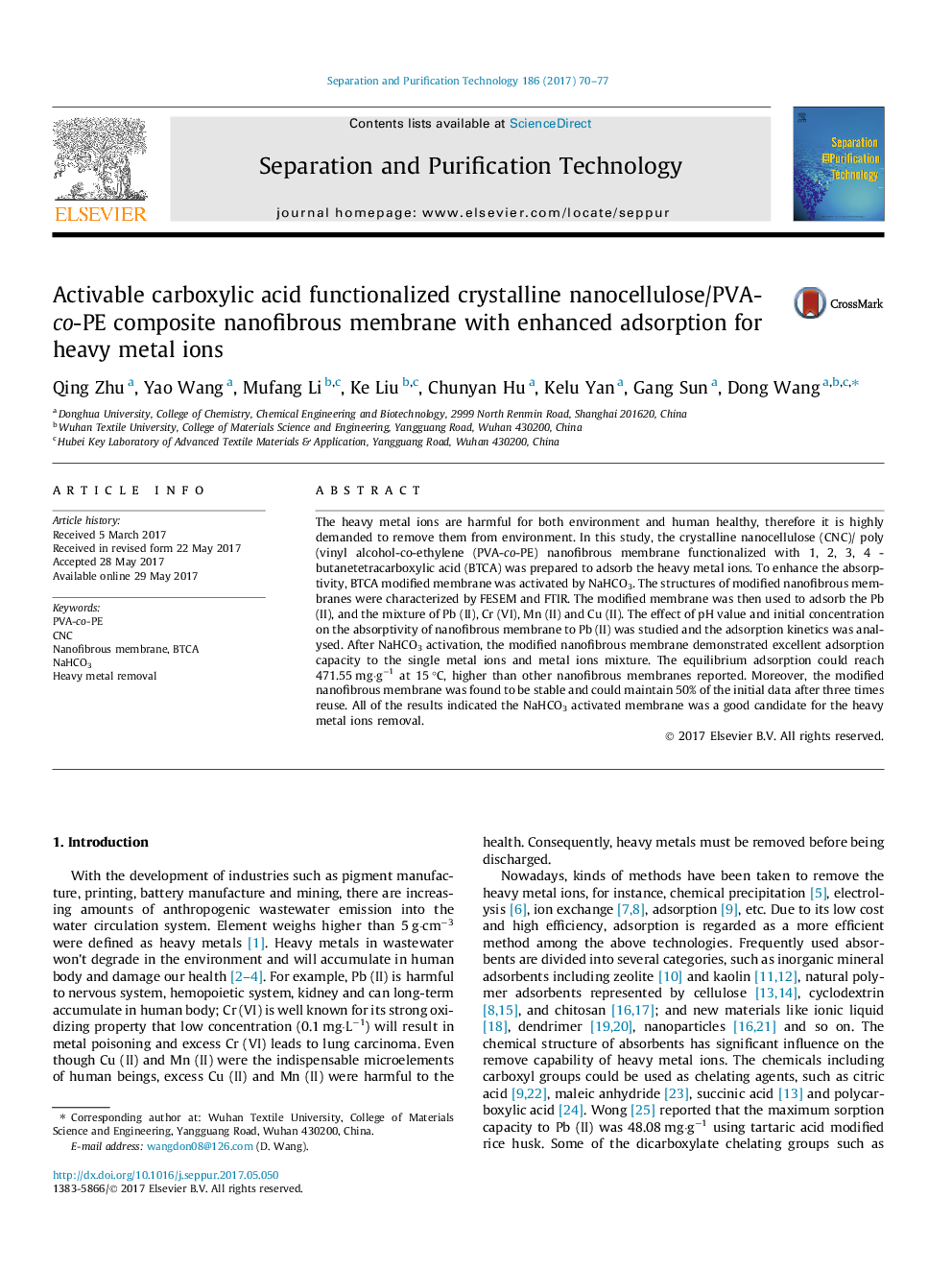 Activable carboxylic acid functionalized crystalline nanocellulose/PVA-co-PE composite nanofibrous membrane with enhanced adsorption for heavy metal ions