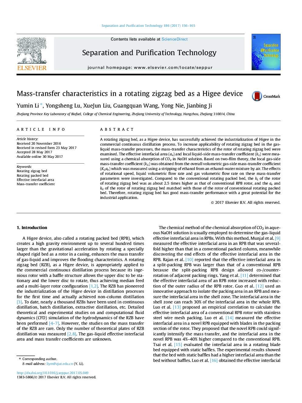 Mass-transfer characteristics in a rotating zigzag bed as a Higee device