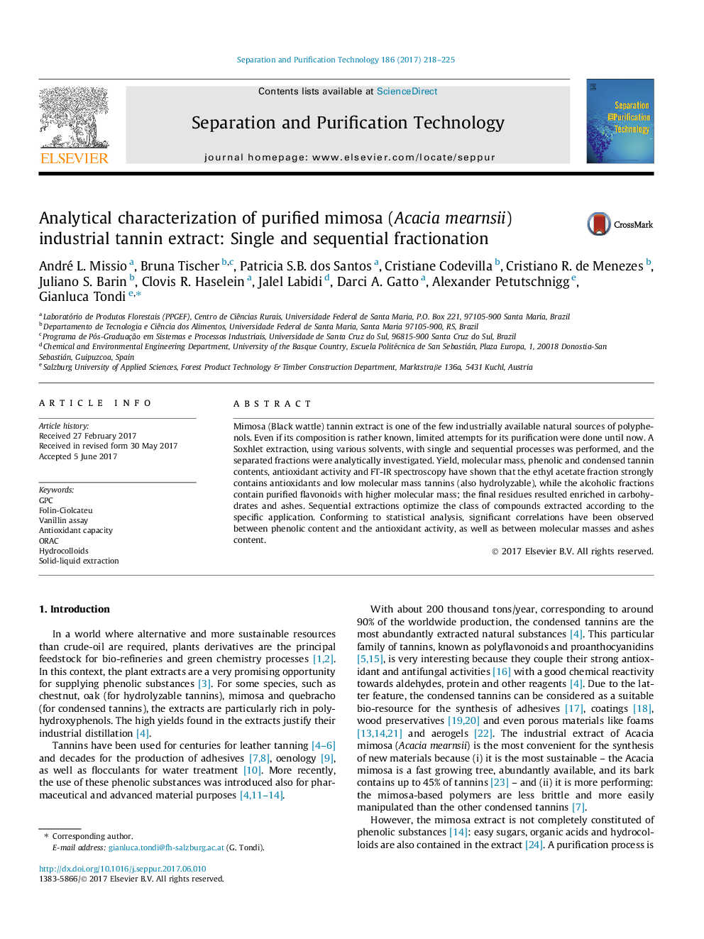 Analytical characterization of purified mimosa (Acacia mearnsii) industrial tannin extract: Single and sequential fractionation