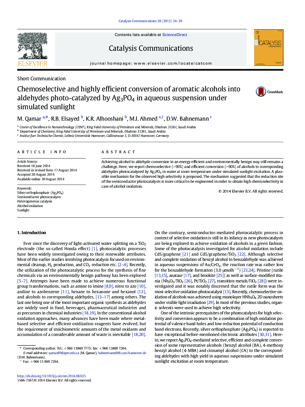 Chemoselective and highly efficient conversion of aromatic alcohols into aldehydes photo-catalyzed by Ag3PO4 in aqueous suspension under simulated sunlight