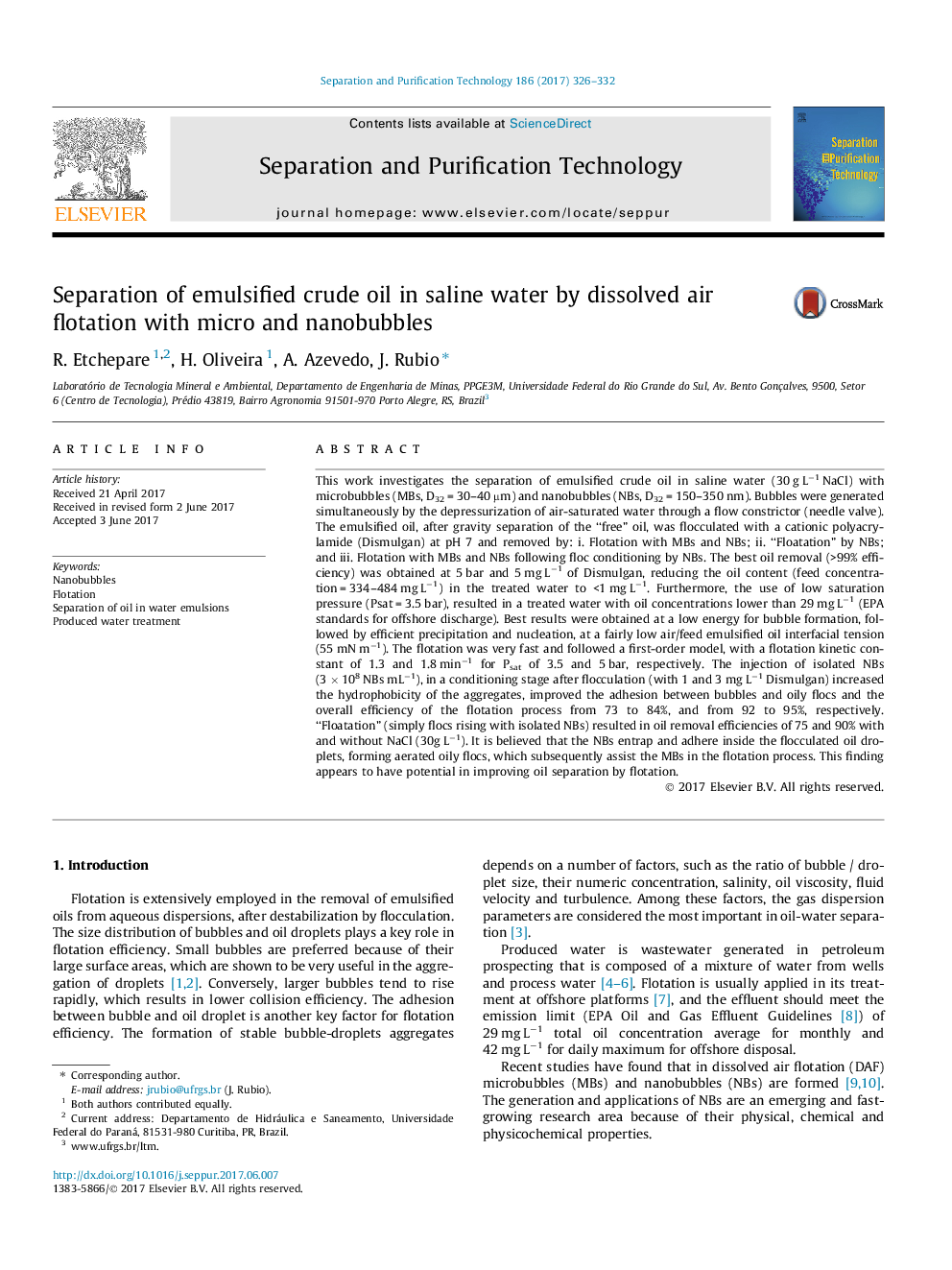 Separation of emulsified crude oil in saline water by dissolved air flotation with micro and nanobubbles