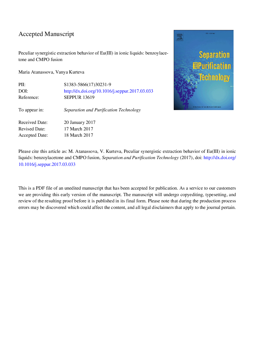 عکس صفحه اول مقاله: Peculiar synergistic extraction behavior of Eu(III) in ionic liquids: Benzoylacetone and CMPO fusion Peculiar synergistic extraction behavior of Eu(III) in ionic liquids: Benzoylacetone and CMPO fusion