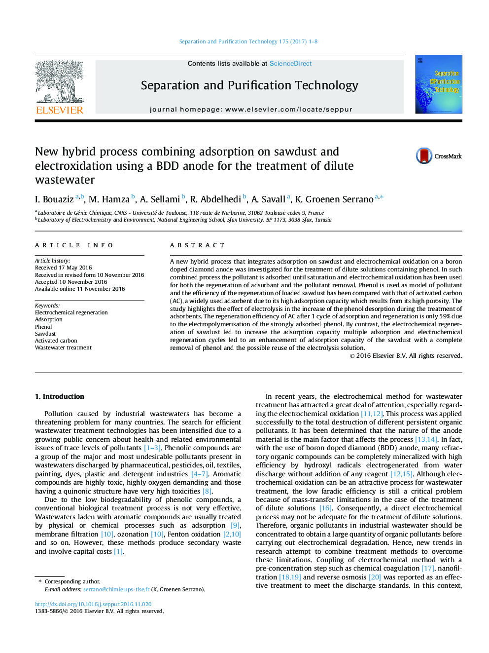 New hybrid process combining adsorption on sawdust and electroxidation using a BDD anode for the treatment of dilute wastewater
