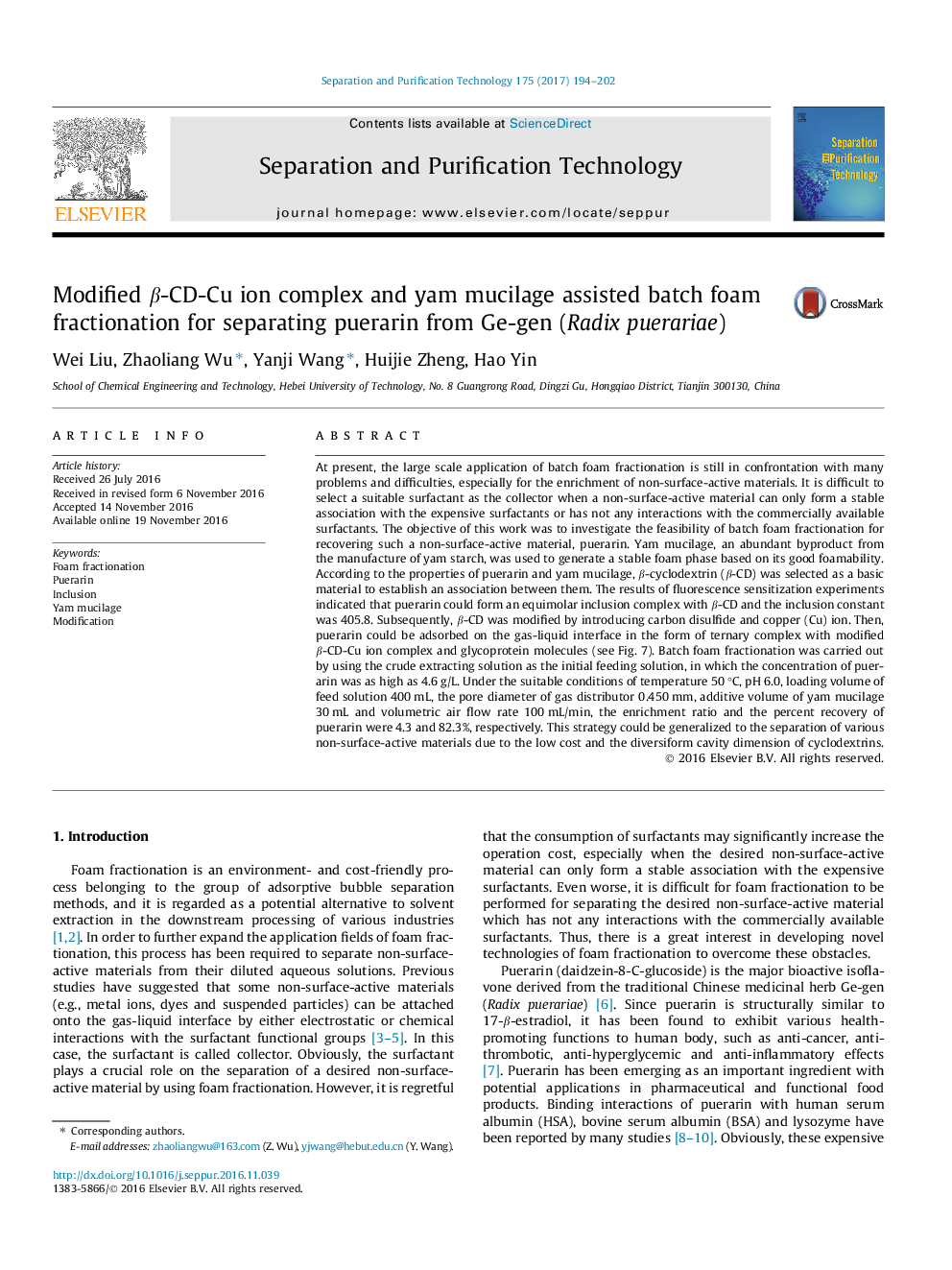 Modified Î²-CD-Cu ion complex and yam mucilage assisted batch foam fractionation for separating puerarin from Ge-gen (Radix puerariae)