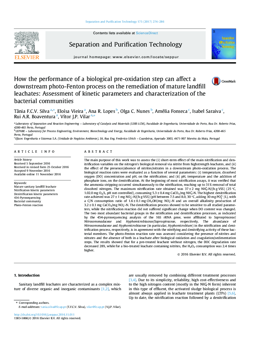 How the performance of a biological pre-oxidation step can affect a downstream photo-Fenton process on the remediation of mature landfill leachates: Assessment of kinetic parameters and characterization of the bacterial communities