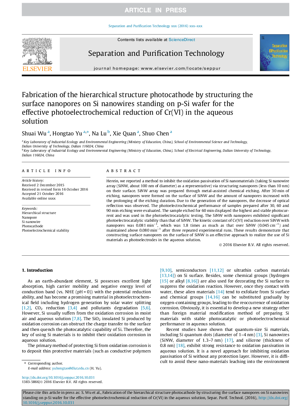 Fabrication of the hierarchical structure photocathode by structuring the surface nanopores on Si nanowires standing on p-Si wafer for the effective photoelectrochemical reduction of Cr(VI) in the aqueous solution