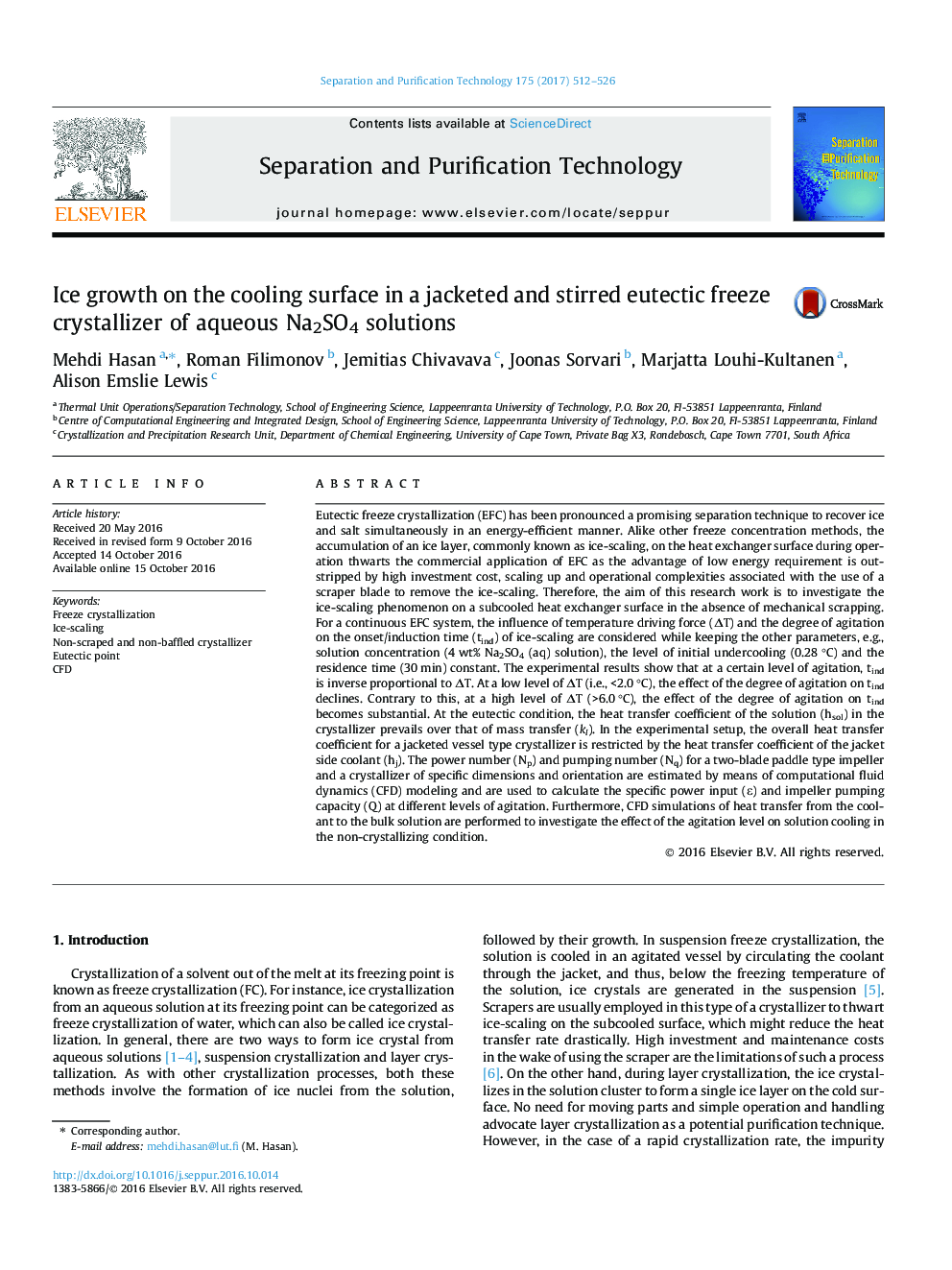 Ice growth on the cooling surface in a jacketed and stirred eutectic freeze crystallizer of aqueous Na2SO4 solutions