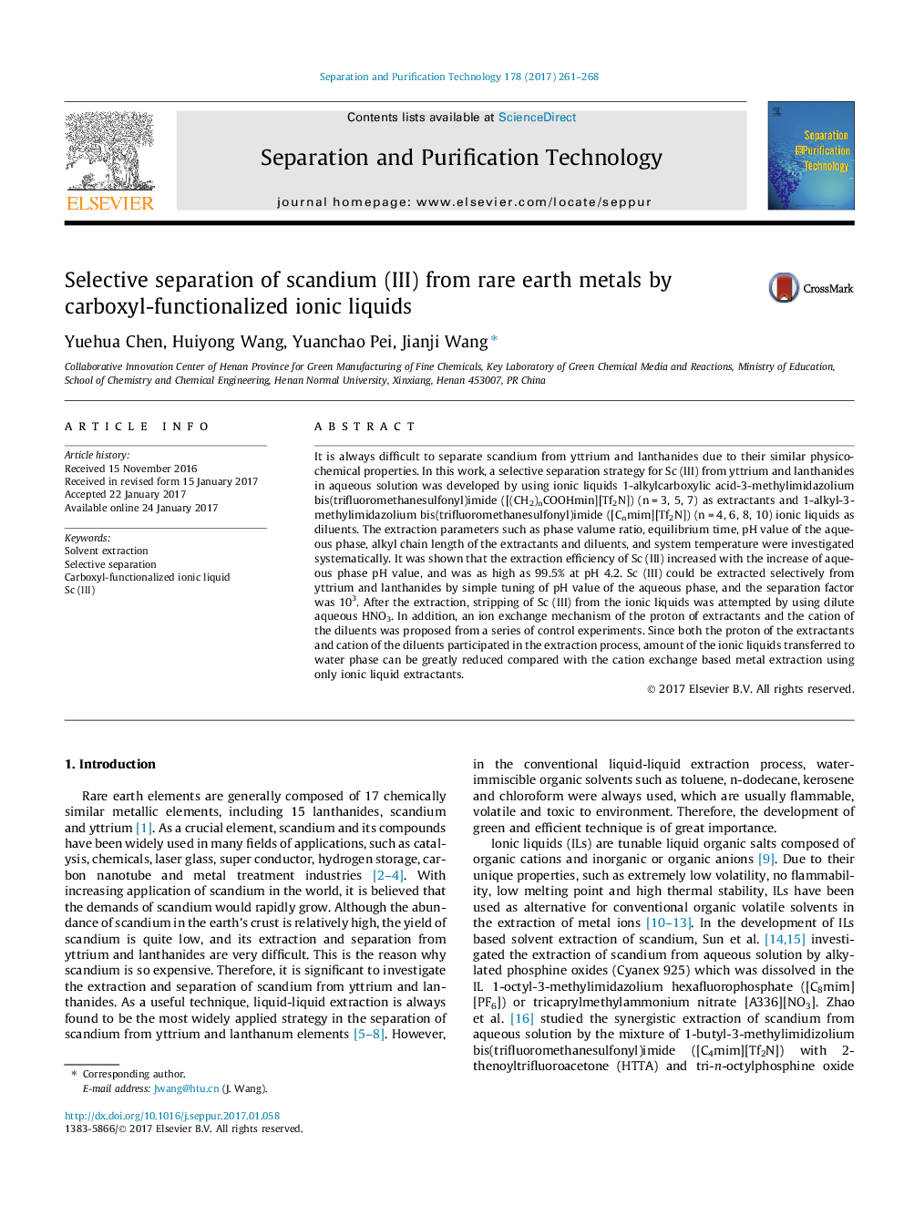 Selective separation of scandium (III) from rare earth metals by carboxyl-functionalized ionic liquids