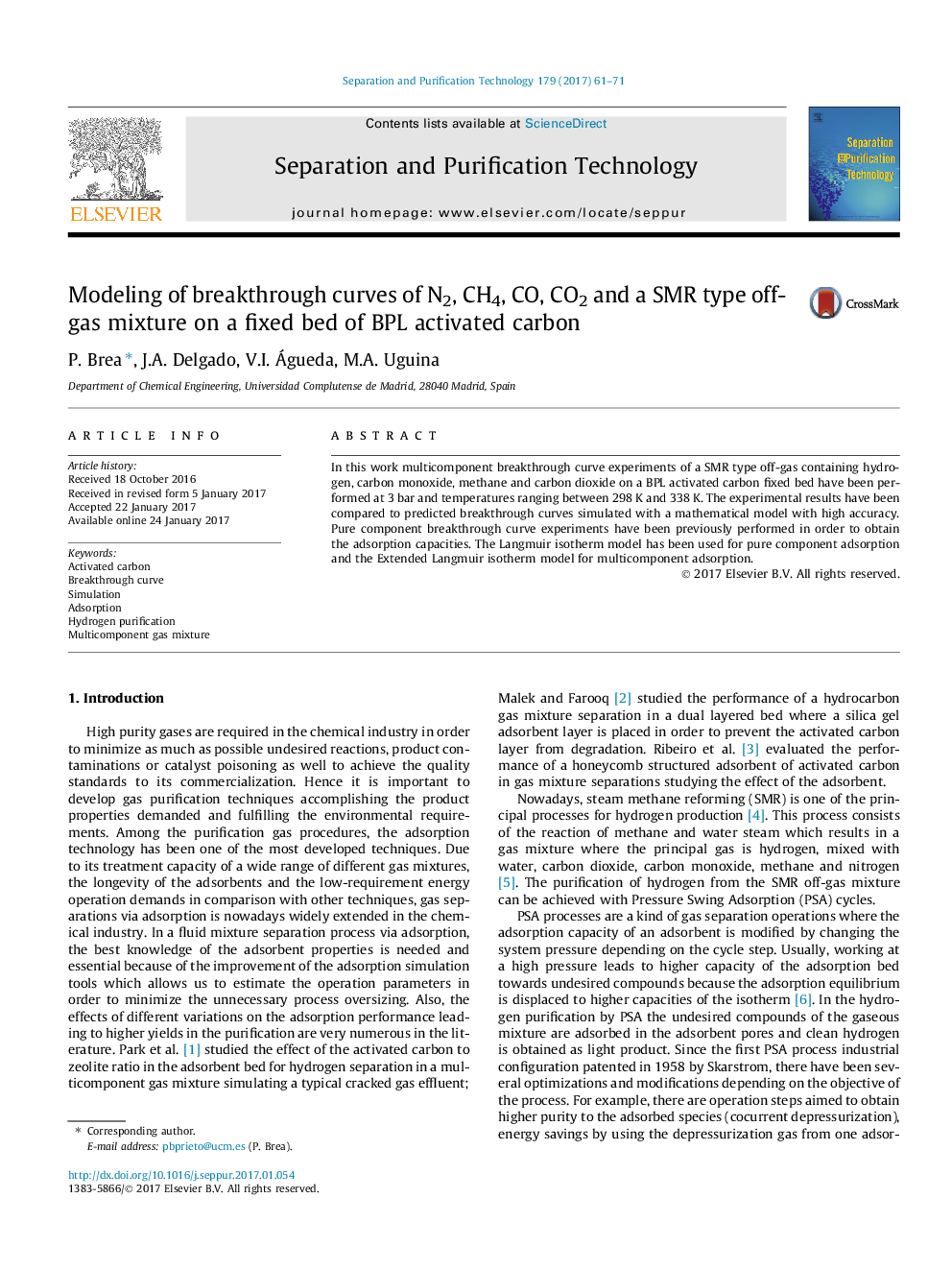 Modeling of breakthrough curves of N2, CH4, CO, CO2 and a SMR type off-gas mixture on a fixed bed of BPL activated carbon