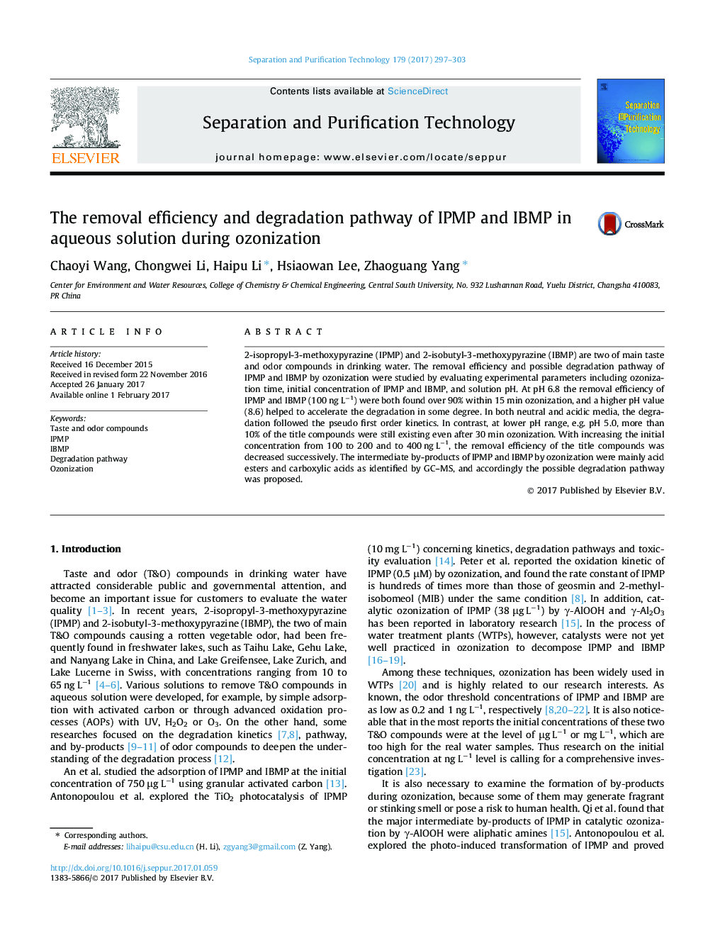 The removal efficiency and degradation pathway of IPMP and IBMP in aqueous solution during ozonization