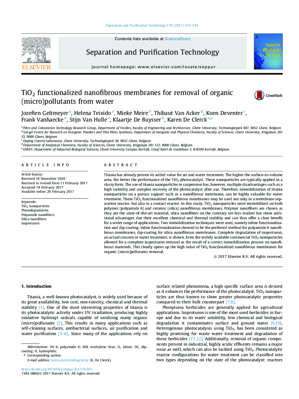 TiO2 functionalized nanofibrous membranes for removal of organic (micro)pollutants from water