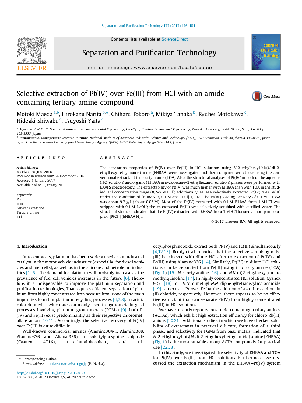 Selective extraction of Pt(IV) over Fe(III) from HCl with an amide-containing tertiary amine compound