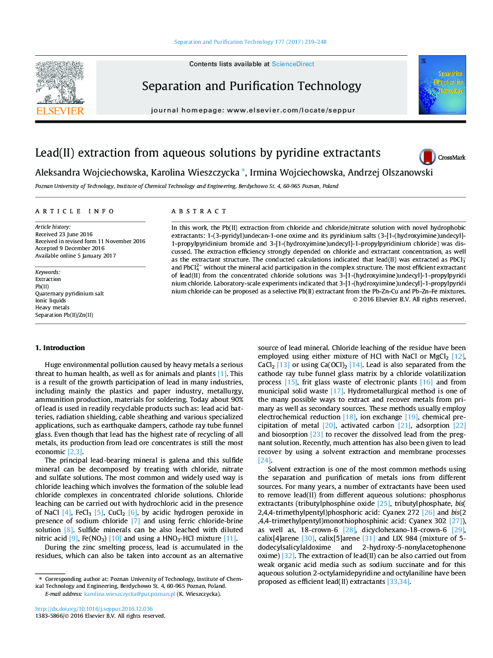 عکس صفحه اول مقاله: Lead(II) extraction from aqueous solutions by pyridine extractants Lead(II) extraction from aqueous solutions by pyridine extractants