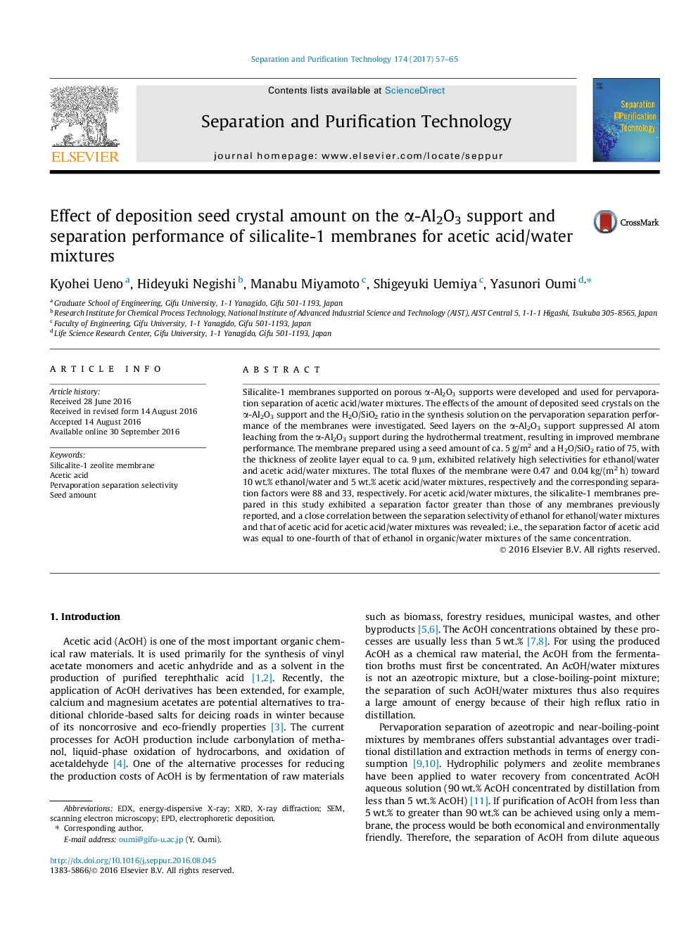 Effect of deposition seed crystal amount on the Î±-Al2O3 support and separation performance of silicalite-1 membranes for acetic acid/water mixtures