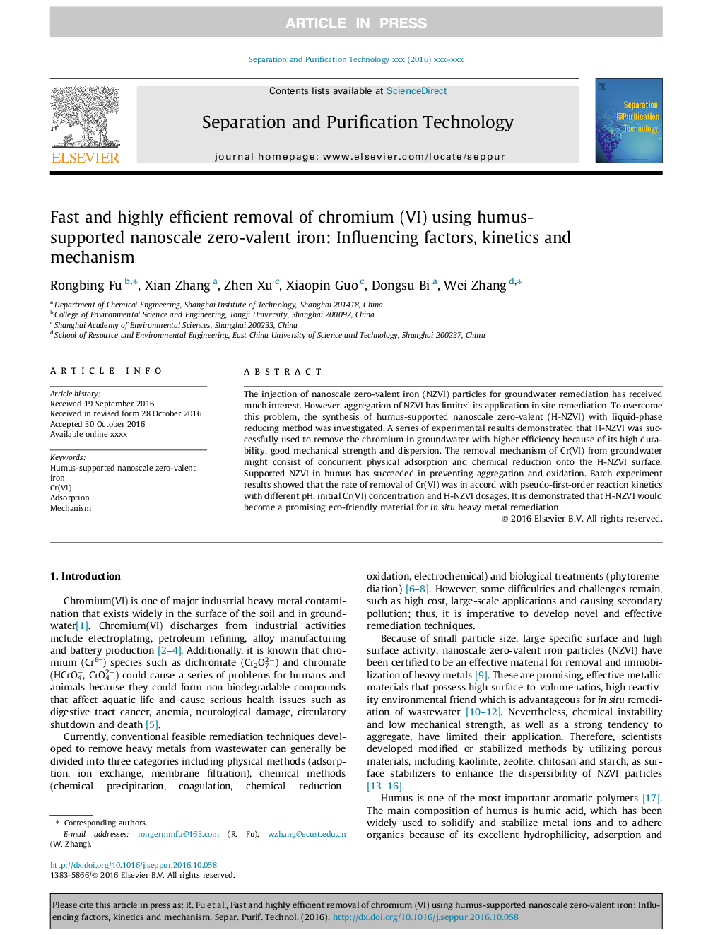 عکس صفحه اول مقاله: Fast and highly efficient removal of chromium (VI) using humus-supported nanoscale zero-valent iron: Influencing factors, kinetics and mechanism Fast and highly efficient removal of chromium (VI) using humus-supported nanoscale zero-valent iron: Influencing factors, kinetics and mechanism
