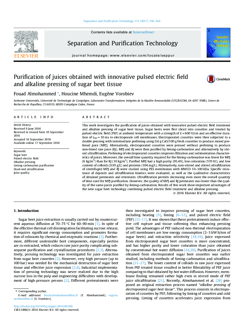 Purification of juices obtained with innovative pulsed electric field and alkaline pressing of sugar beet tissue
