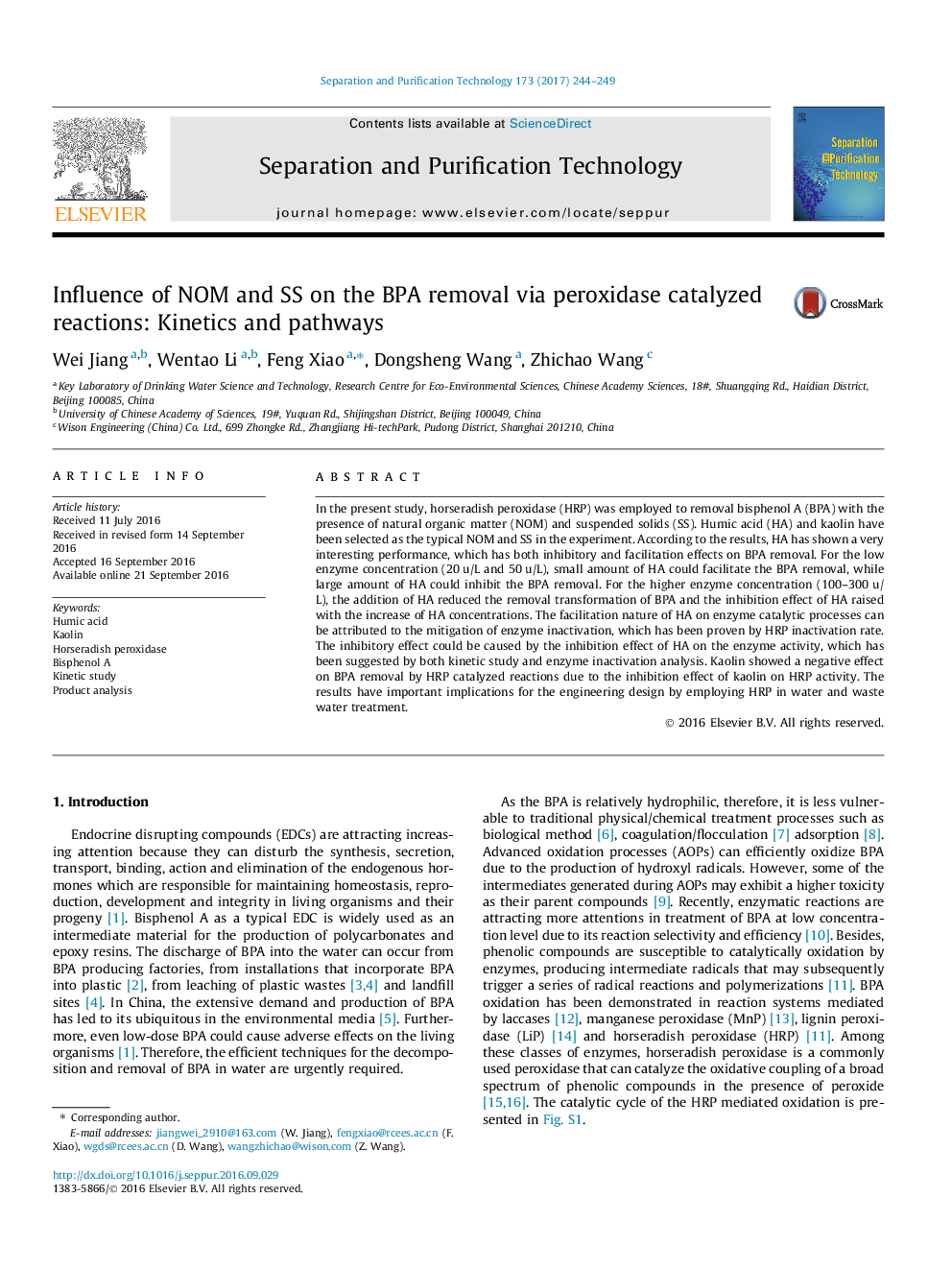 Influence of NOM and SS on the BPA removal via peroxidase catalyzed reactions: Kinetics and pathways