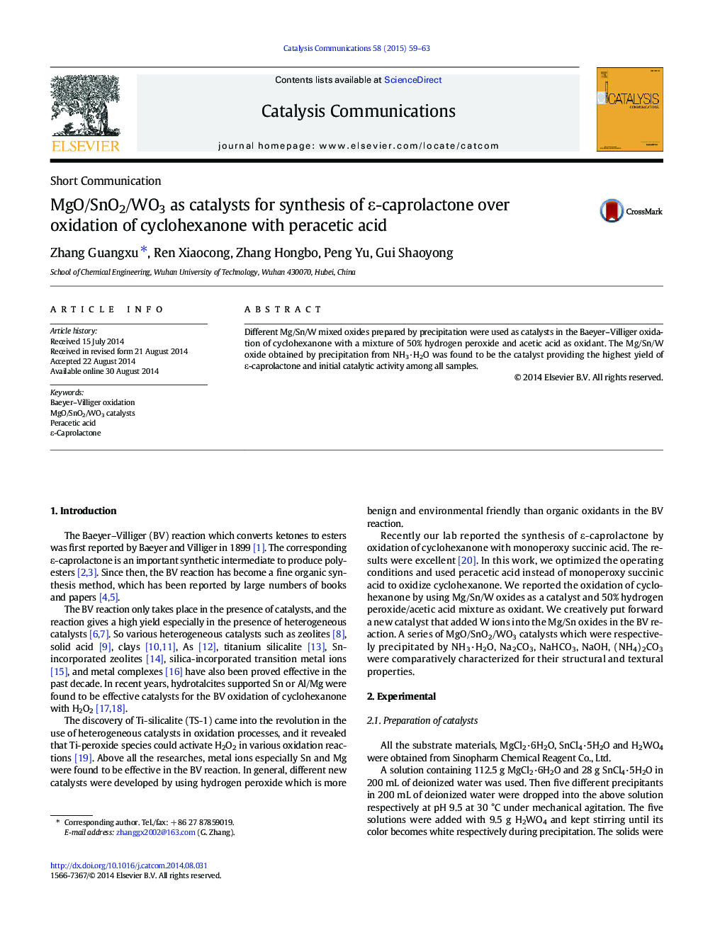 MgO/SnO2/WO3 as catalysts for synthesis of ε-caprolactone over oxidation of cyclohexanone with peracetic acid