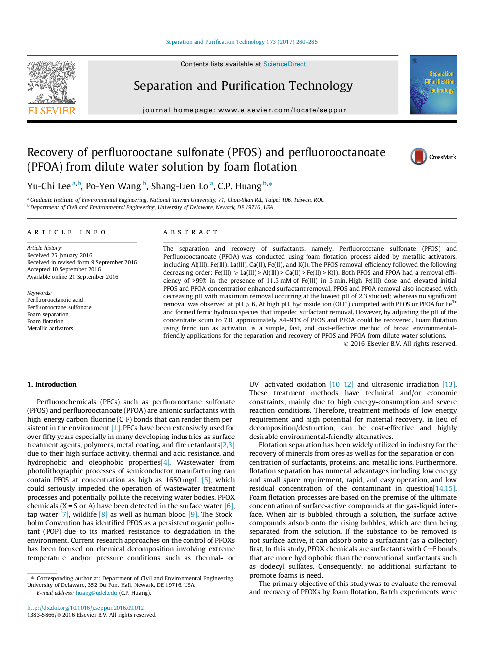 Recovery of perfluorooctane sulfonate (PFOS) and perfluorooctanoate (PFOA) from dilute water solution by foam flotation