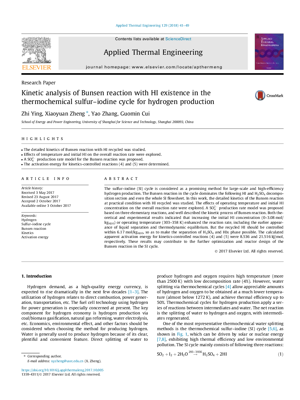 Kinetic analysis of Bunsen reaction with HI existence in the thermochemical sulfur-iodine cycle for hydrogen production