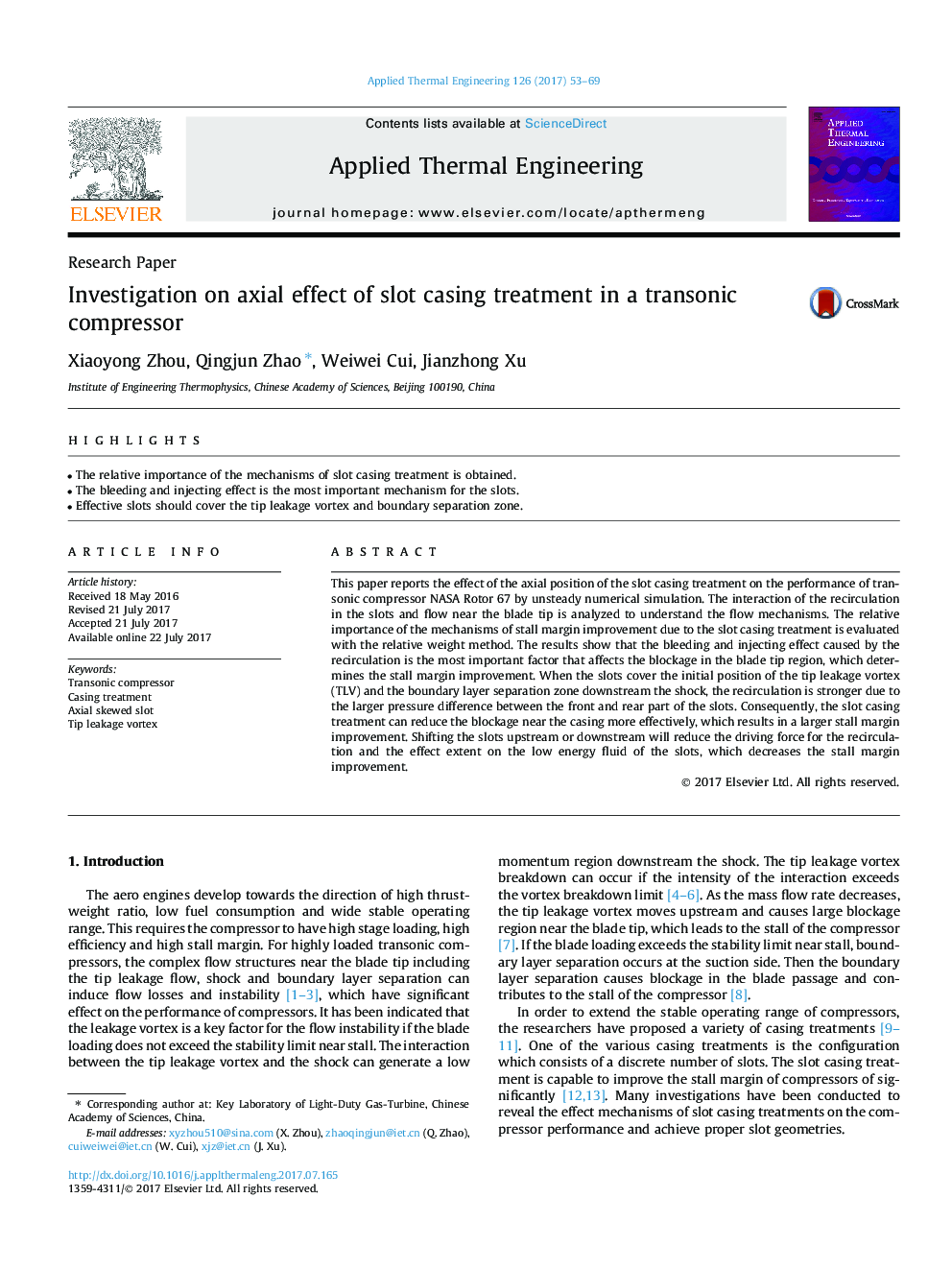 Investigation on axial effect of slot casing treatment in a transonic compressor