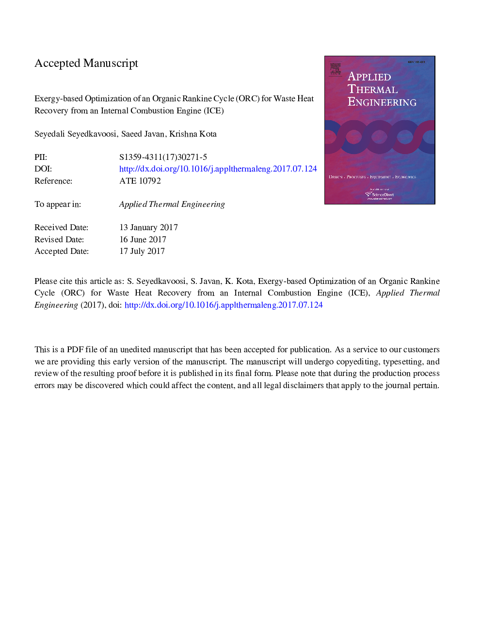 Exergy-based optimization of an organic Rankine cycle (ORC) for waste heat recovery from an internal combustion engine (ICE)